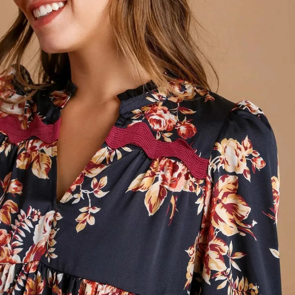 Umgee Satin Black Multi Floral Print Top Blouse with Ric Rac Trim NWT Size Med - Picture 3 of 6